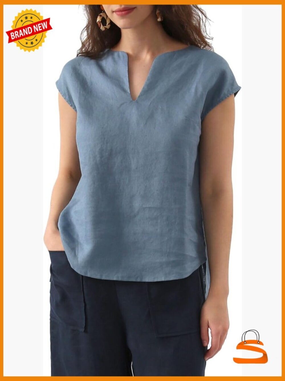 100% Linen Cap Sleeve Blouse V-Neck Relaxed Fit Summer Top